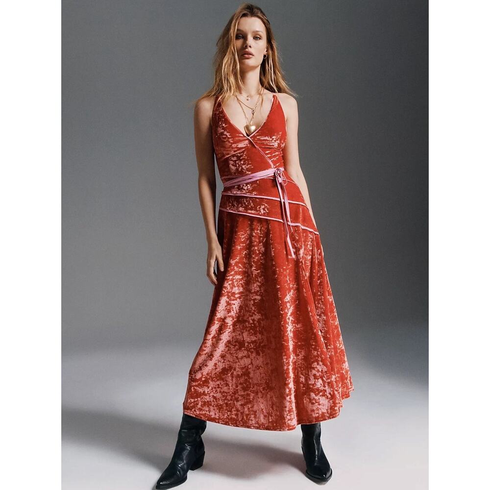 Free People Deia Velvet Midi Dress Pink Rose Strappy Dainty Romantic Small - Picture 3 of 12